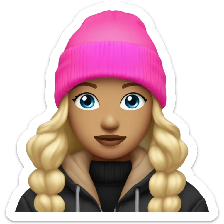 Blond girl blue eyes black hoodie brown puffer jacket neon pink nitted beanie  sticker