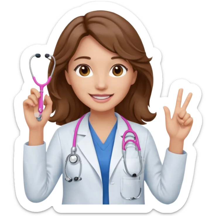 Barbie like emoji of a white woman with brown eyes and long wavy brown hair wearing blue scrubs, white lab coat, pink stethoscope, and raising one hand and a warm smile sticker