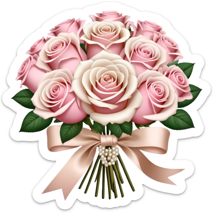 beautiful large aesthetic bouquet of roses in vintage style of white and powder pink color obligatory pearl beige silk ribbon  sticker