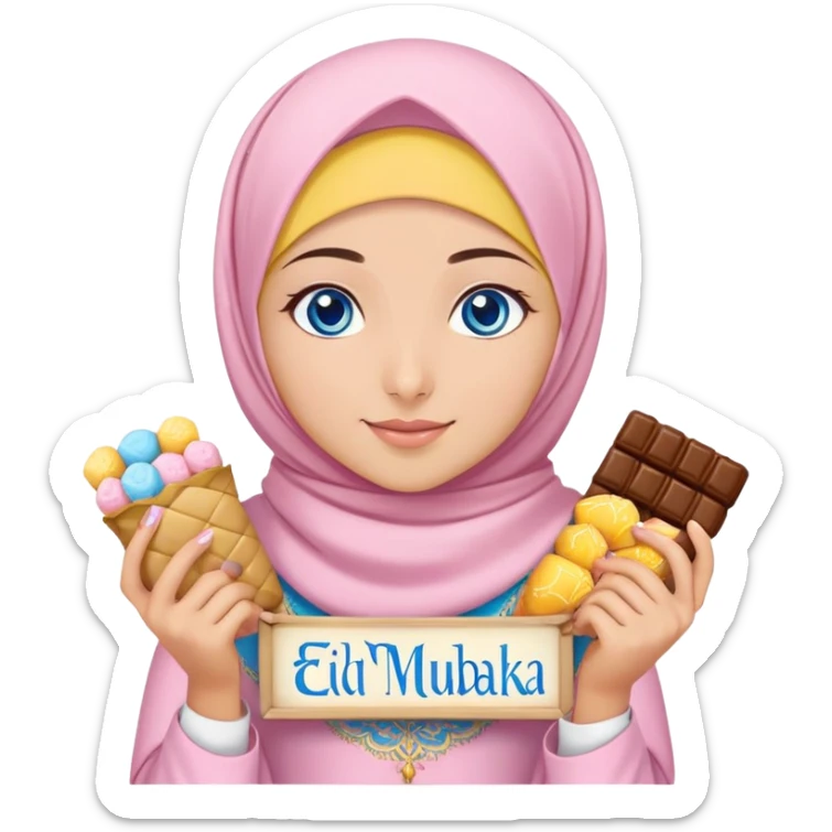 Turkish beautiful finish Konya girl blue eyes with powder pink yellow hijab islamic dress and had on her hand text Eid Mubarak with sweets and celebrating with her friends eid days   sticker