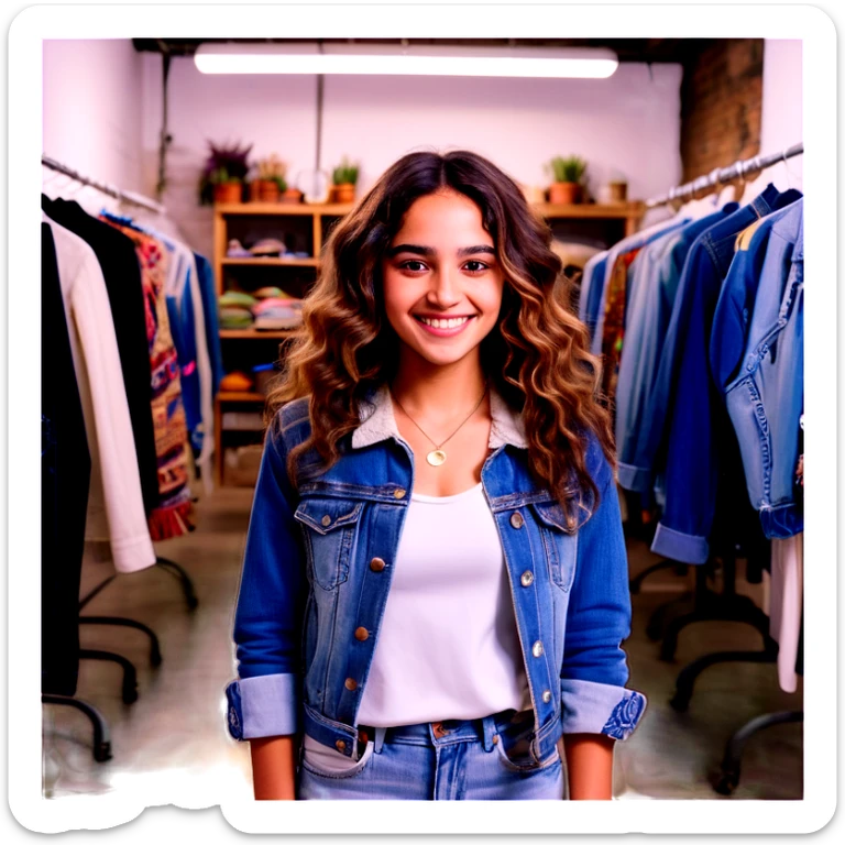 A young 25-year-old Latina entrepreneur with long, wavy hair, brown eyes full of passion, and a friendly smile. She wears recycled boho-style clothing, with an intervened denim jacket and eco-friendly accessories. He is in a textile recycling workshop surrounded by reused fabrics, mannequins and sewing machines. The lighting is warm and inviting, with sustainable fashion sketches on the walls. Sofía is designing a unique garment, transmitting creativity and determination sticker