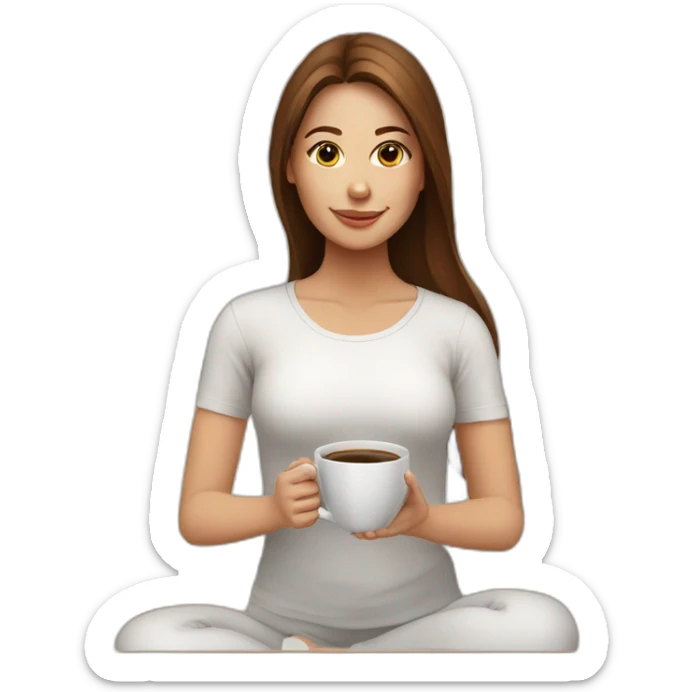 Yoga Woman white shirt long brown hair drinks coffee sticker