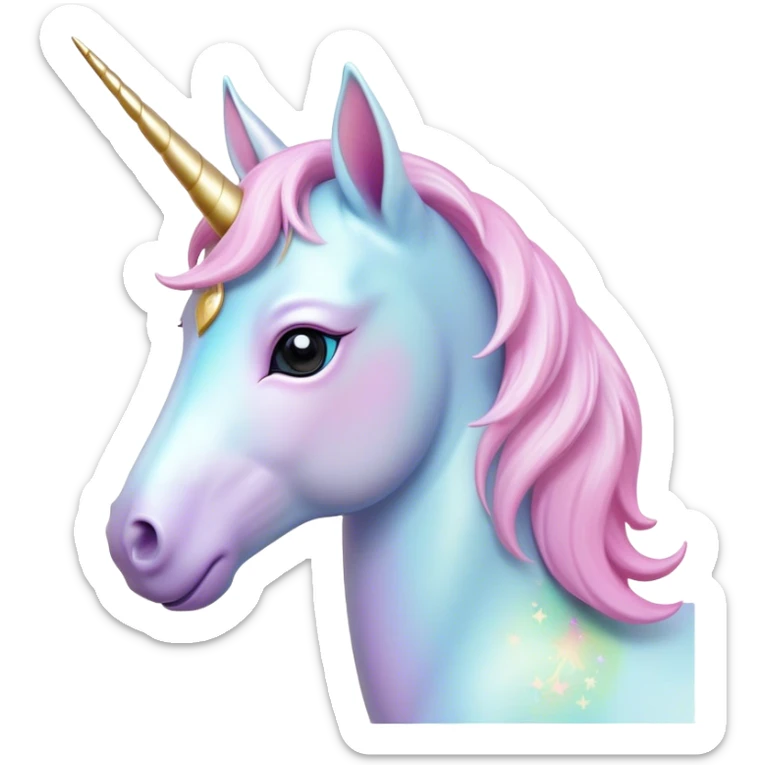 Cinematic Noble Unicorn Pony Portrait Emoji, Poised and graceful, with a delicate, miniature equine build adorned with a soft, pastel color, a tiny, shimmering horn and a silky mane that hints at magical charm, Simplified yet sharp and sophisticated features, highly detailed, glowing with a soft, enchanted glow, high shine, intelligent and spirited, stylized with an air of fairy-tale elegance, focused and poised, soft glowing outline, capturing the essence of a watchful and confident unicorn pony that appears ready to trot out of the screen with graceful magic! sticker