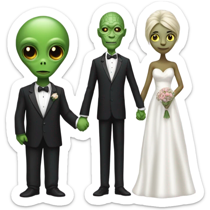 Alien reprilian woman in wedding dress and one humman man in a tuxedo holding hands getting married sticker
