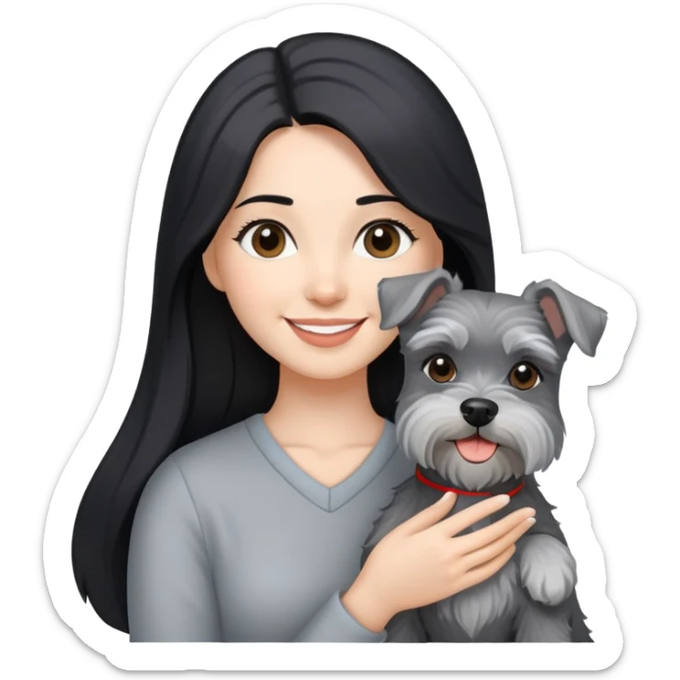 A smilling woman with long black hair holding a light gray Schnauzer sticker