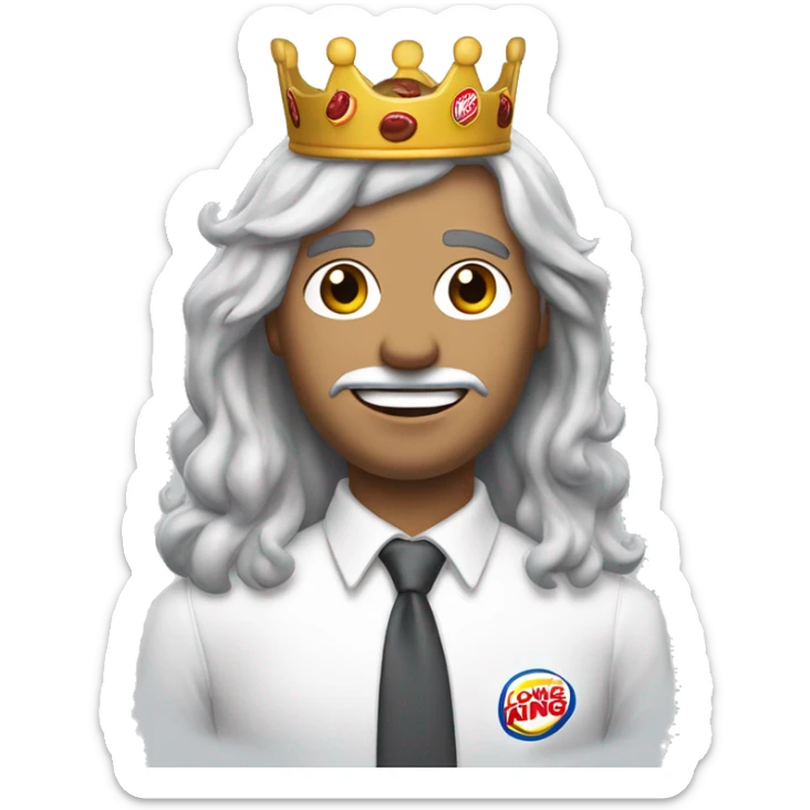 a man in a white button up shirt with long gray hair and a burger king crown white skin sticker