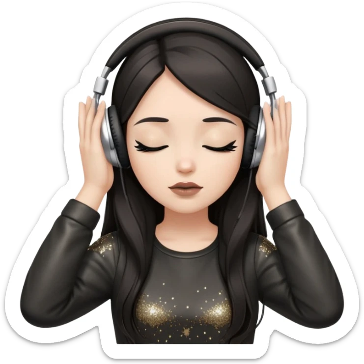 Girl with long dark hair, fair skin tone, wearing a black leather top, has glitter on her eyelids, and taupe lipstick, wearing white headphones, her hands are on her ears, and her eyes are slightly close sticker