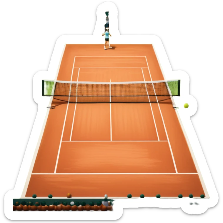 A tennis court at the Roland Garros tournament, with the iconic clay surface and a tennis ball bouncing near the net. The scene evokes the energy and excitement of the grand event, with vibrant crowds in the stands and a competitive atmosphere. sticker