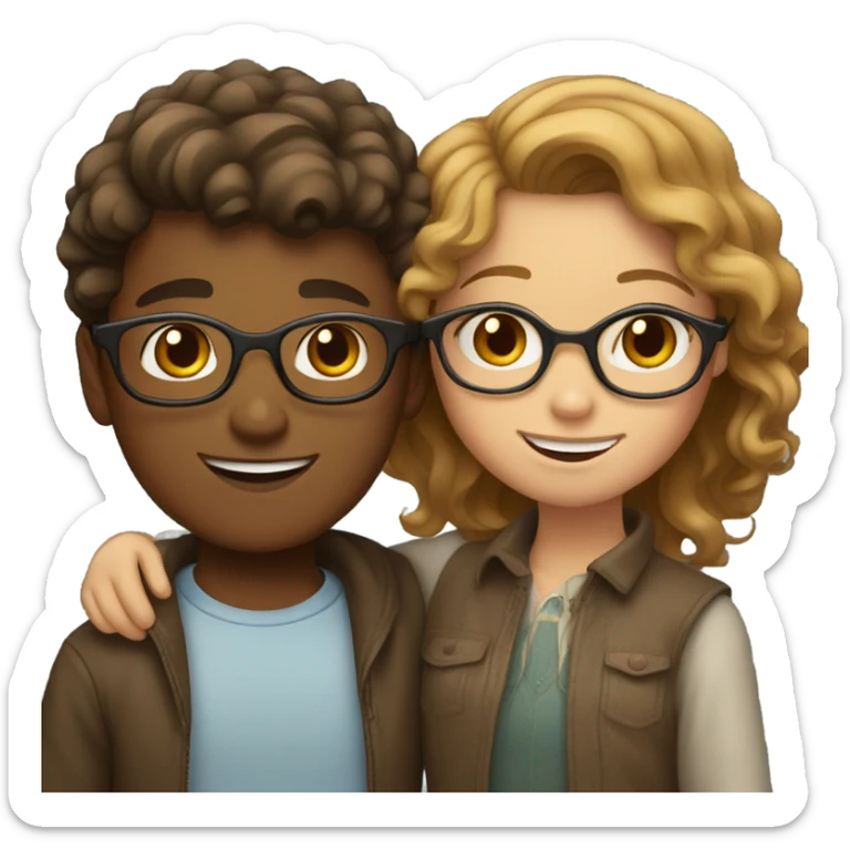 light brown haired boy with glasses and brown haired girl with wavy hair hugging sticker