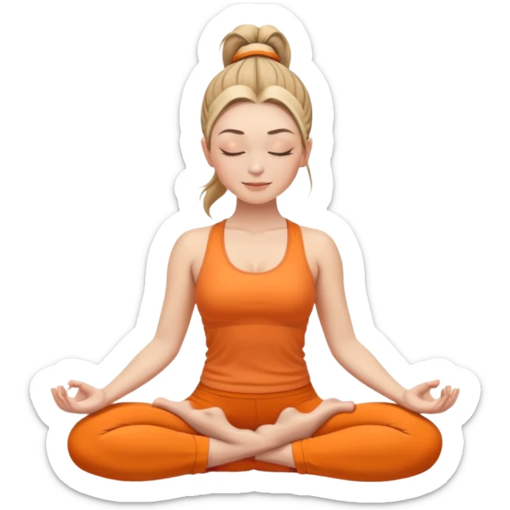 white woman with ponytail hairstyle in lotus position meditation yoga pose, closed eyes, relaxed face, wearing orange yoga outfit sticker