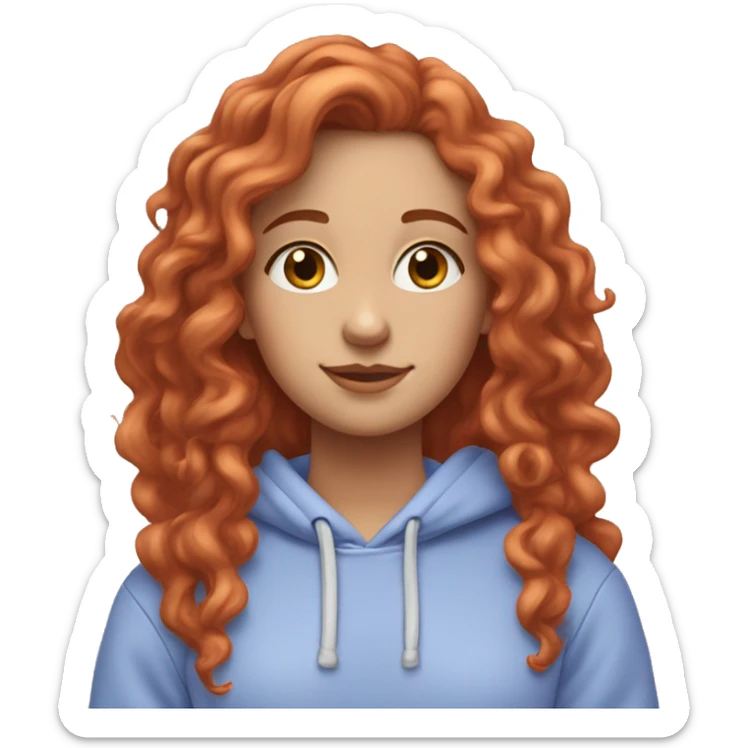 a white girl with long red curly hair, wearing a pastel periwinkle hoodie doing a pose sticker