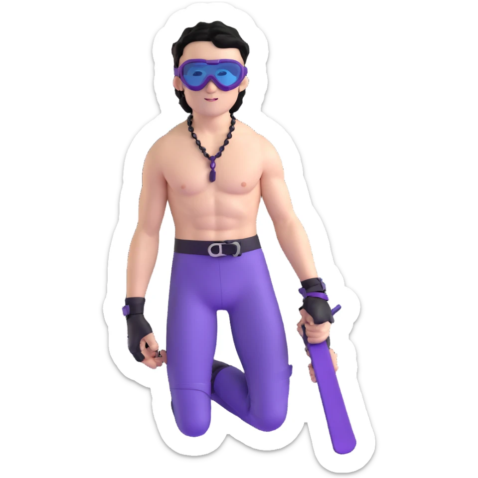 shirtless male athlete with white skin and moderately curly black hair on top with shaved sides, wearing purple ski goggles with black tinted lenses, and a simple plain black chain necklace, no earrings sticker