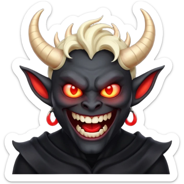 “Scary demon emoji, evil human-like laugh, black clothes, big curved horns, glowing red eyes, upper body visible till chest, dark mood, high detail, emoji style, clean background” sticker