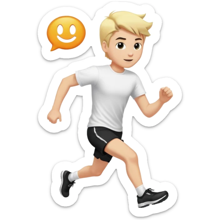 A man with blond hair in black shorts and a white T-shirt is running. Above his head is the Giga Chat logo. sticker