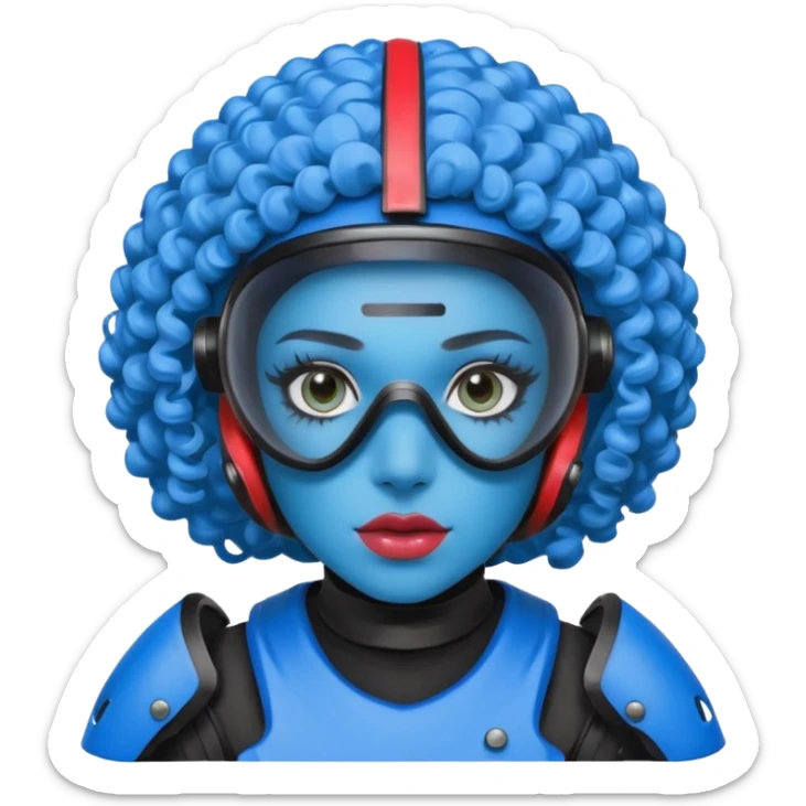 blue curly girl with huge earringswearing paintball with red paintball helmet with eye protection, only face  sticker