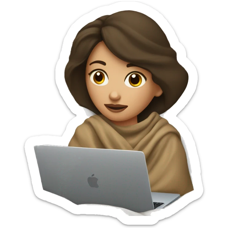 Brunette girl tucked in a blanket lying on the bed looking at the computer laptop apple sticker