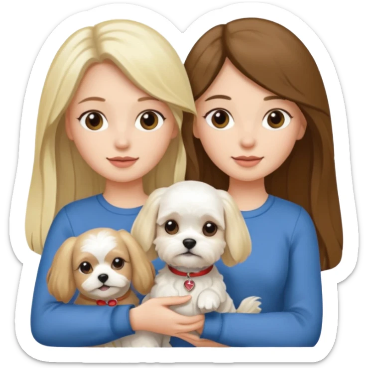 two women are holding only one Maltese dog. one woman is brunette the other woman is blonde long haired  sticker