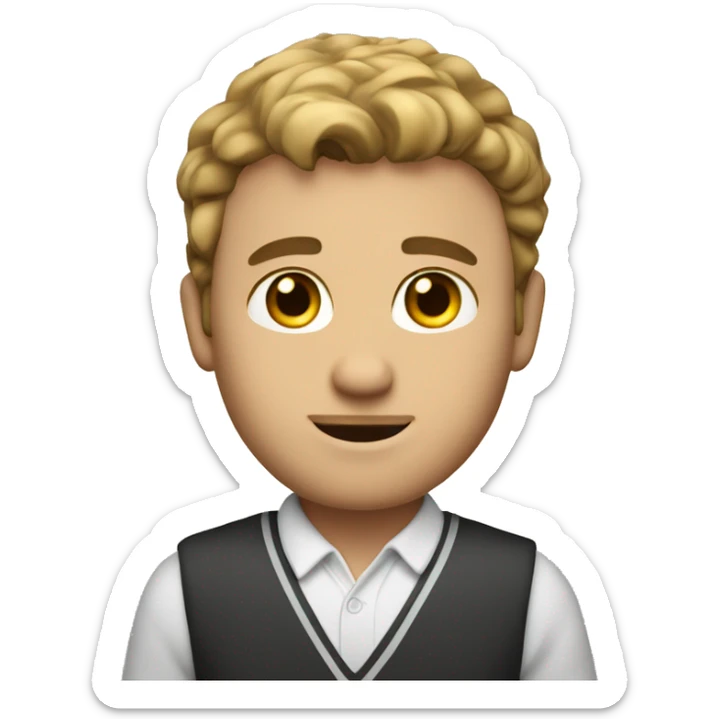 he has dark blonde hair and he has bown eyes, he is a teacher and he is makig ok sing sticker