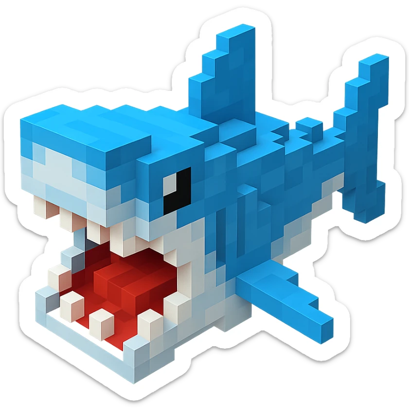 voxel style shark, open mouth, blocky, blue and silver, no background sticker