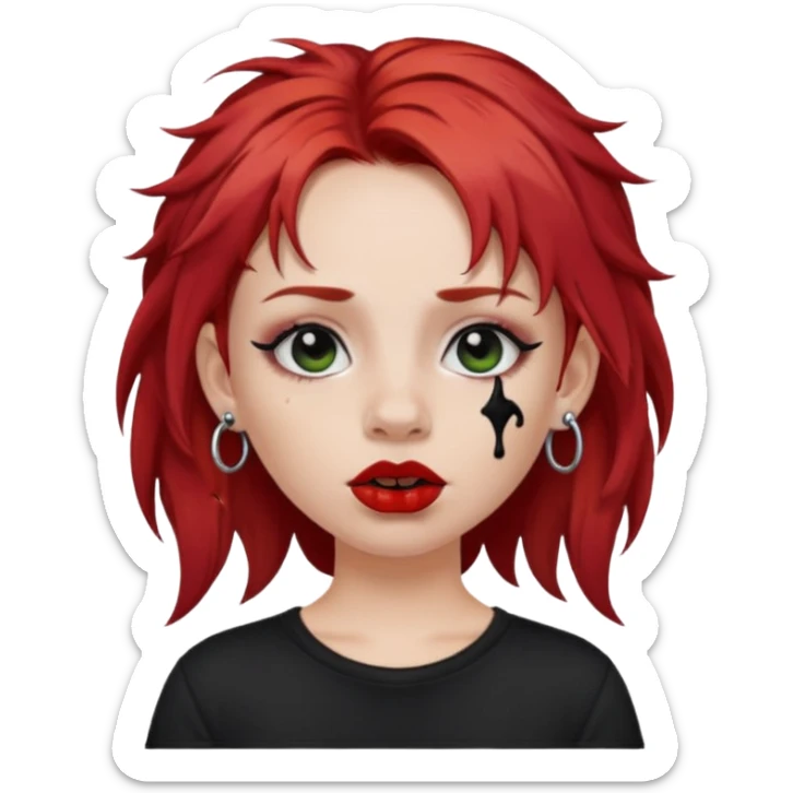 apple style emoji of a fair-skinned girl, messy red hair, black t-shirt, black lipstick, septum piercing, multiple ear piercings sticker