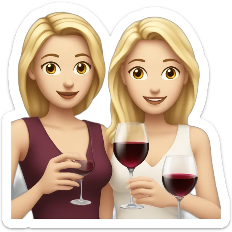 White woman with brown hair and brown eyes toasting with a red wine together with white woman with blond hair and blue eyes with red wine sticker
