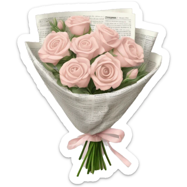 Pale blush pink flower bouquet wrapped in newspapwr sticker