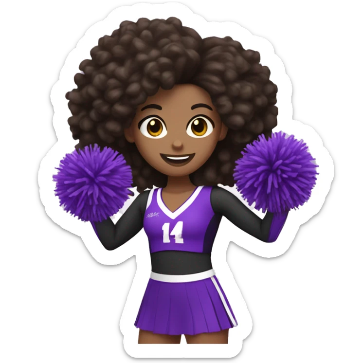 cheerleader with dark brown curly hair, white skin, holding up two purple Pom poms sticker