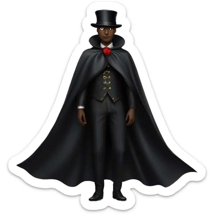 a back photo of black full body magician that has a cape that says ''Dior'', cape, text Dior sticker
