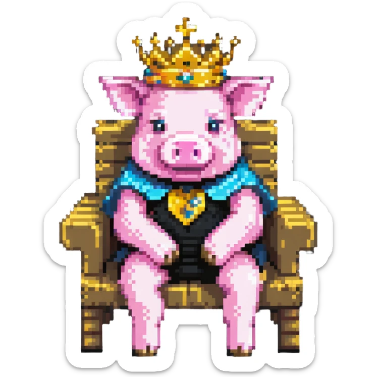 ultra-minimal pixel art pig with a golden crown sitting on a throne, blocky and square like Minecraft, inspired by Technoblade sticker