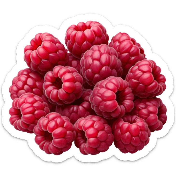 small cluster of whole dried raspberries with deep red to burgundy tones, wrinkled surfaces, hollow airy centers, matte slightly crisp texture, natural irregular shapes, no bowl or extras, soft lighting, subtle shadows, emoji scale sticker