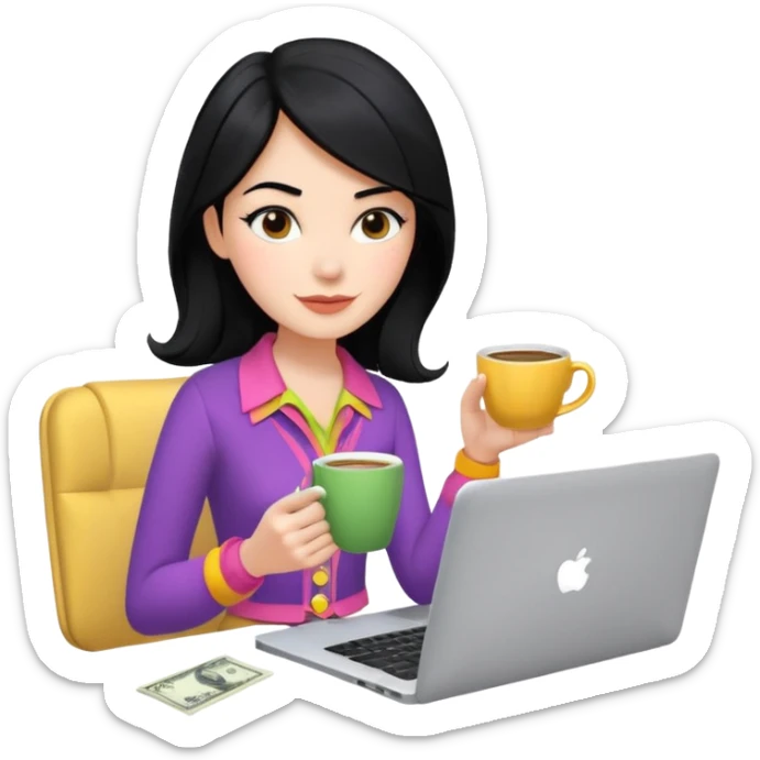  woman character with laptop and coffee in Paris, dollars coming out from the screen floating, colorful chic outfit, white laptop, Pixar style, black hair, fair skin,  sticker