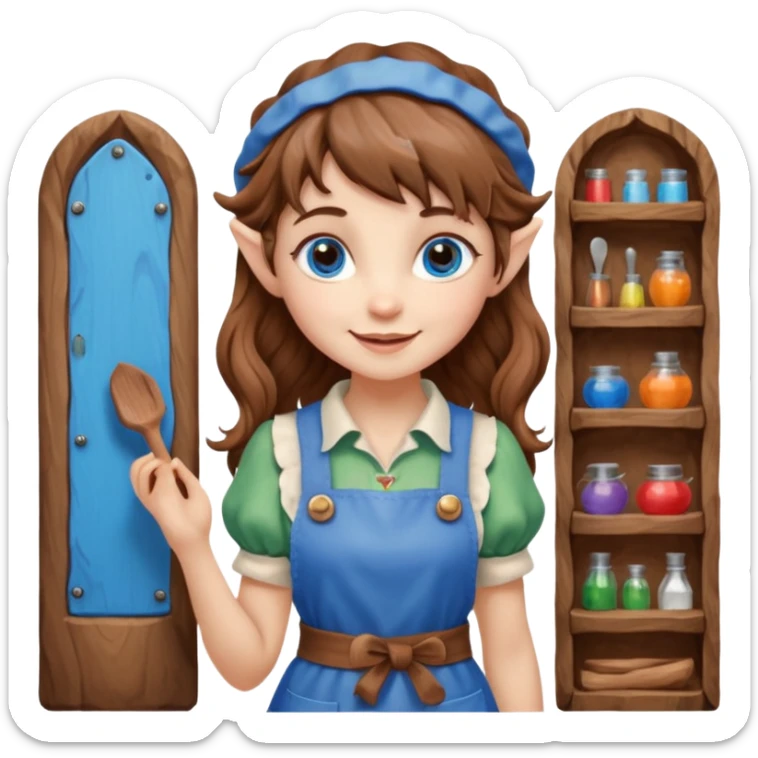 Kind happy whimsical quirky Girl toymaker, wood carving elf. Woodland creator. Blue eyes. brown hair (just below chin length) wavy hair & bangs. Whimsical playful cute sticker