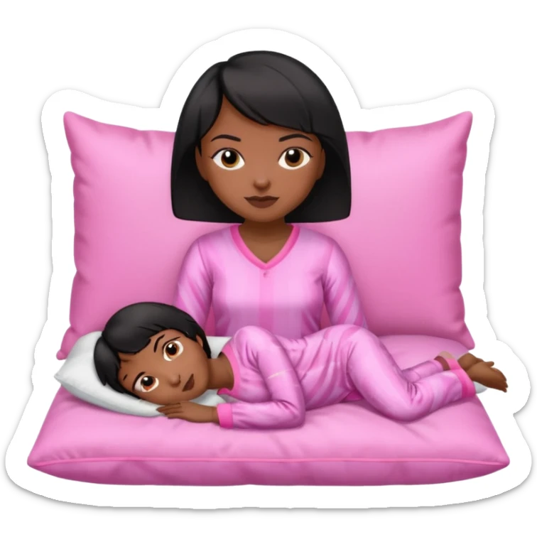 Dark skin Black woman with short  black bob  hair, pink pajamas laying on pillow just me  sticker