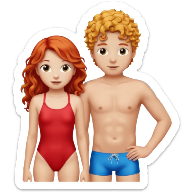 Long Straight Red hair Girl and curly blonde boy in swimsuit sticker