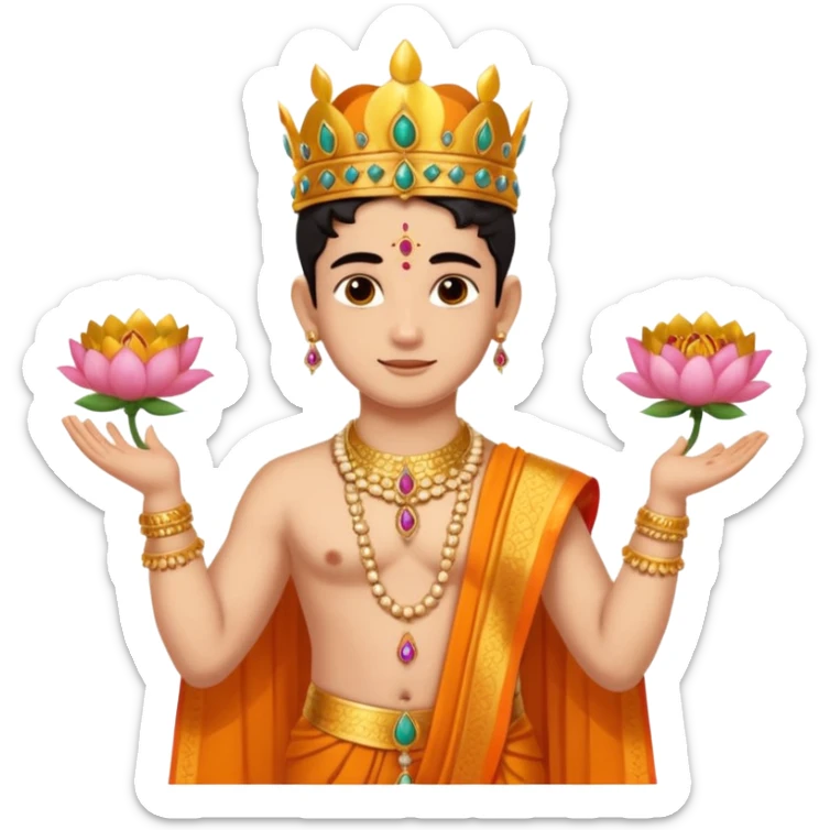 Brahmin boy is thanking to the bharatanatyam dancer. She is in lordess padmavati with golden crown and giant flower garland on her neck. The girl is fat and tall the boy is small. sticker