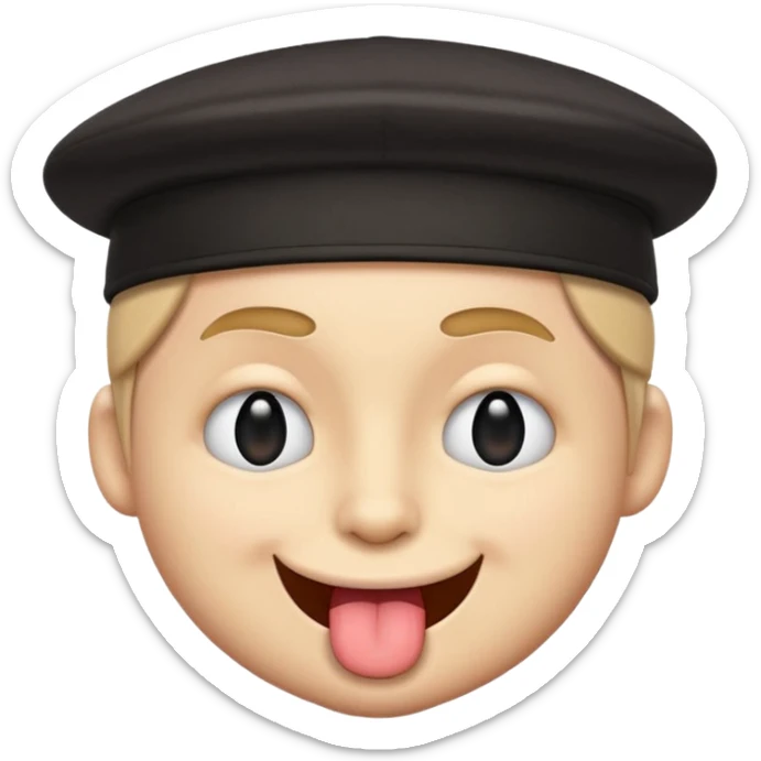 A cartoon-style emoji face with a backwards black cap, winking with the left eye and sticking the tongue out to the left. The expression is playful, cheeky, and confident, with raised eyebrows adding to the fun vibe.
 sticker