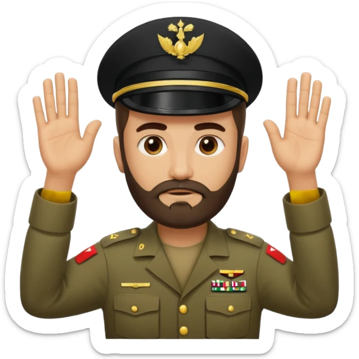 surrenders, depicts an Iraqi soldier from 1980, with a beard, a sad face and raised hands sticker