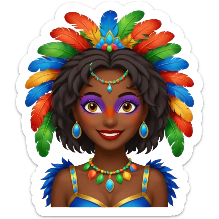 i need the same girl in "dark skin girl, dark red lipstick, nails very beautiful" to be smiling in "carnival mas costume, blue, green and orange preferably, full costume feathers at the back" she is to be smiling, hair should be dark shoulder length, black nail polish on her fingers  sticker