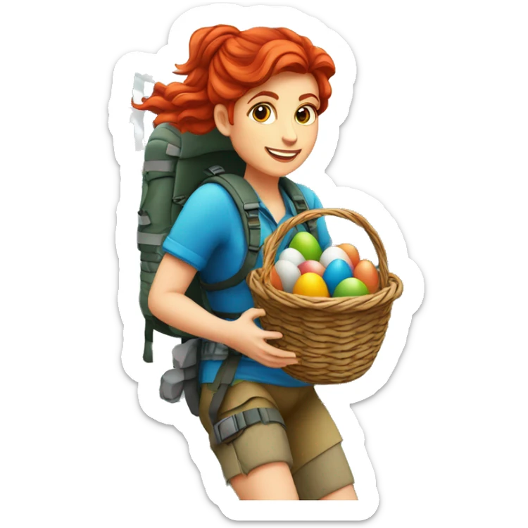 Female mountaineer red hair climbing with Easter eggsbasket and Greek flag sticker