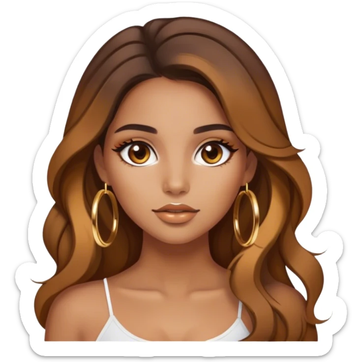 Latina girl medium tan skin with gold hoops and brown makeup beautiful hair down caramel highlights  sticker