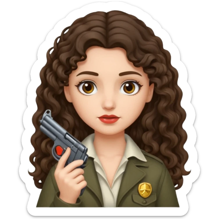 A brunette with long wavy, curly hair girl who is about to kill herself with a littlr gun pointed at her temple sticker