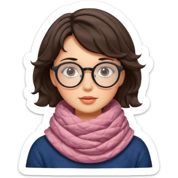 A shy brunette hair wavy short hair woman with big round glasses and thick scarf, blushing from the cold. sticker