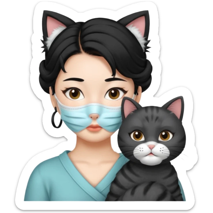 Asian girl with updo black hair and with whole facial mask pack with one cat sticker