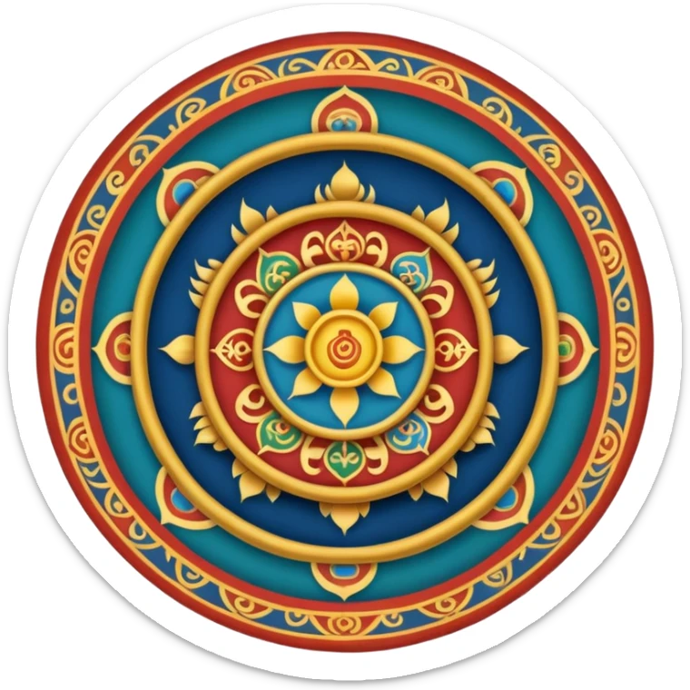 Tibetan Wheel of Life (Bhavachakra) emoji, traditional thangka-inspired, ornate patterns, symbolic animals in center, detailed outer rings, rich colors, simplified for emoji clarity sticker