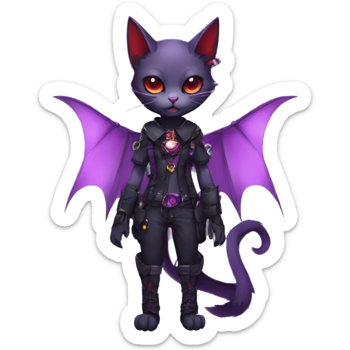 cool kawaii edgy evil techwear black purple red ethereal fantasy beautiful elegant bat-cat-Fakemon wearing legs spats a collar harness with jewelries full body sticker