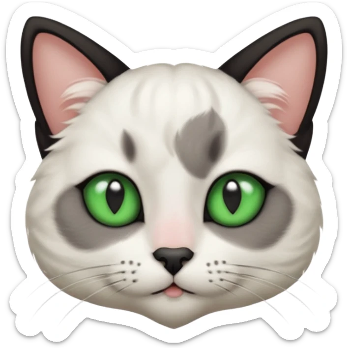 Haz una gata de ojos verdes la cara blanca con mancha negra en las orejas que agarra parte de la frente del lado der pero del iz va desde el ojo hasta la oreja la mancha, tiene la nariz negra en forma de corazón y todo lo que sobra de la cara, barbilla la nariz arriba y el lado de bigotes es blanca sticker