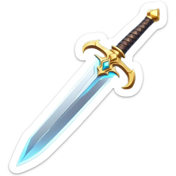 Clash of Clans aesthetic: Cinematic Playful 3D Isometric Sword Emoji, rendered in a 3D vector-style similar to standard emojis with minimal shading and bold, simplified shapes. A compact, distinct form with signature details, softly glowing with a fantasy RPG magic charm. Simplified yet unmistakably iconic, highly detailed and consistent, glowing with a soft radiance and high shine. Stylized with a touch of heroic grandeur and a soft glowing outline, capturing the essence of a beloved gaming relic with a friendly, playful manner! sticker