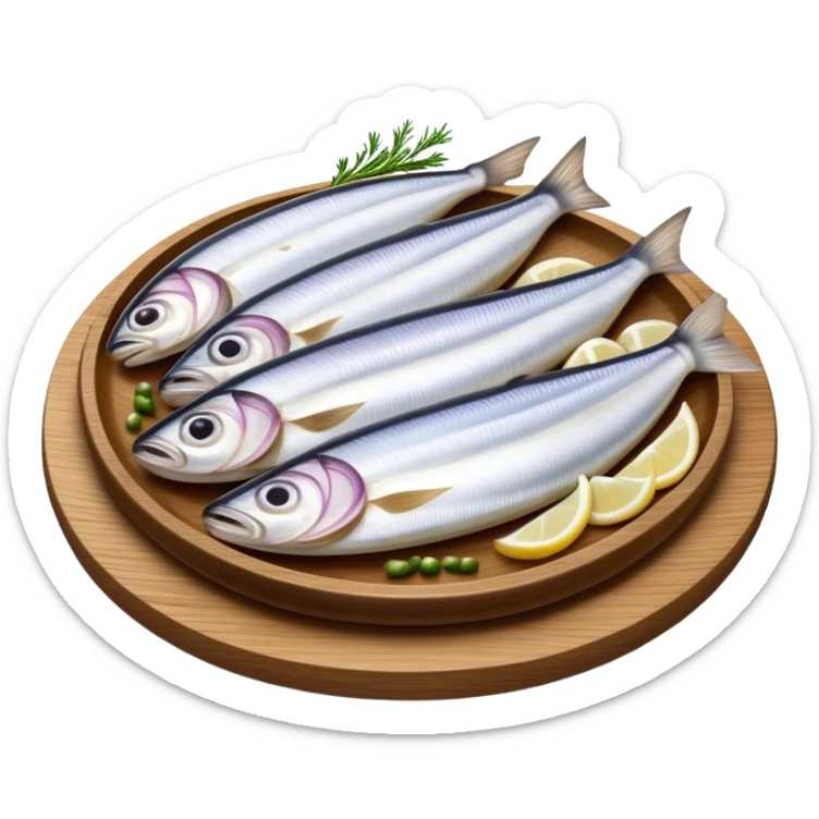 Cinematic Realistic Herring Dish Emoji, showcasing a traditional preparation of fresh herring with onions rendered with lifelike detail and cool, crisp lighting. sticker