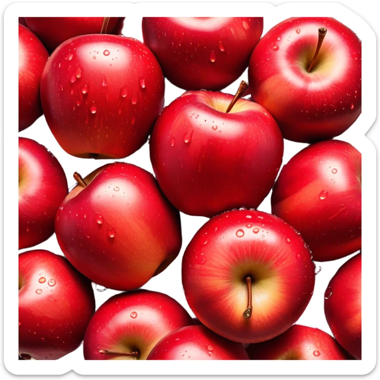 Cinematic crisp, shiny red apples, glistening under soft natural light, perfectly round with tiny water droplets, warm rich hues, highly detailed and fresh. sticker