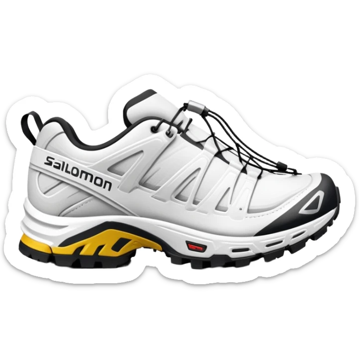 Super simplified pair of white Salomon XT-6 shoes, flat design iOS emoji style, minimal approach with only the most essential details, one positioned behind the other sticker